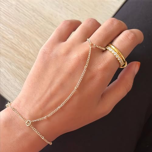 3PCS 14K Gold-Plated Hand Chain Bracelets for Women, Stack Bracelets Set Adjustable, Trendy Dainty Ring Bracelet Hand Chain