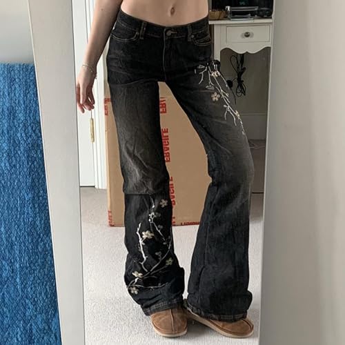 Women Bell Bottom Jeans Stretchy Flare Mid Rise Embroidery Vintage