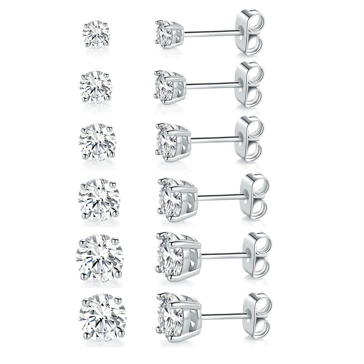 18K White Gold Plated Round Cubic Zirconia Stud Earrings Pack, 6 Pairs