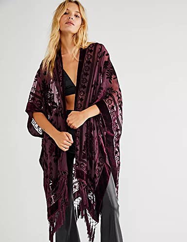 Women's Burnout Velvet Kimono Long Cardigan Cover Up With Tassel