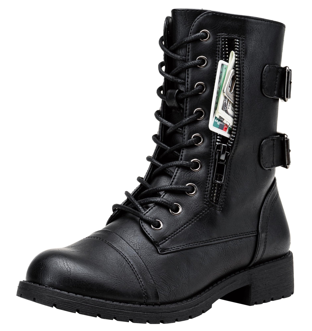 Women's Lace Up Mid Calf Combat Boots with Functional Pocket