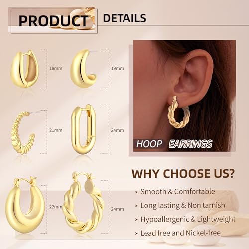 6 Pairs 14K Gold Plated Hoop Earrings for Women Lightweight Chunky Hoop Earrings Multipack Hypoallergenic, Thick Open Twisted Huggie Hoops Earring