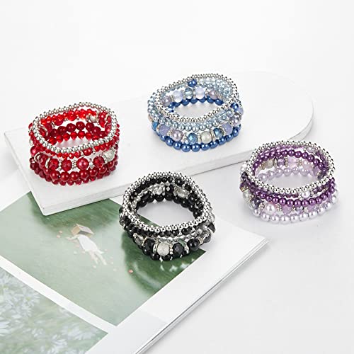 Noessla Beaded Pearl Stretch Bracelet Silver Stackable Crystal Beads Bracelets Trendy Costume Jewelry Mothers Day Gifts for Women
