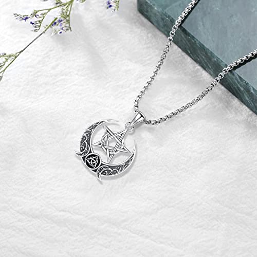 Sterling Silver Pentagram Necklace Triple Moon Tetragrammaton