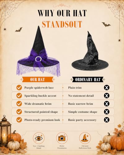 Edoneery Halloween Witch Hat for Women, Mesh Lace Cosplay Costume Accessory