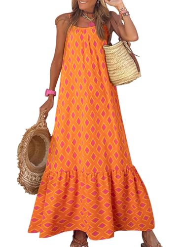 Dokotoo Women Summer Dresses Scoop Neck Ruffle Flowy Boho Maxi Dress