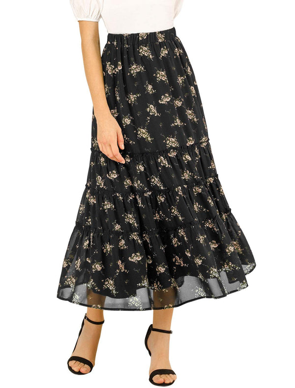 Allegra K Women's Floral Skirt Chiffon A-line Long Tiered Ruffle Maxi Skirt