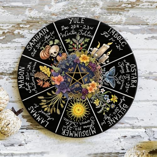 RIVEENY Wheel Of The Year Wall Hanging，12"Wheel Of The Year Wood Sign, Sabbats Pagan Witch Sign, Wiccan Holidays, Wicca Calendar, Yule Altar, Celestial Sign (GJ017)