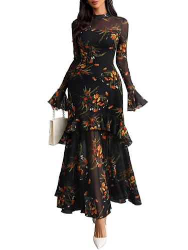 GothDark Women Floral Maxi Dress Bell Sleeve Party Wedding Guest Dresses