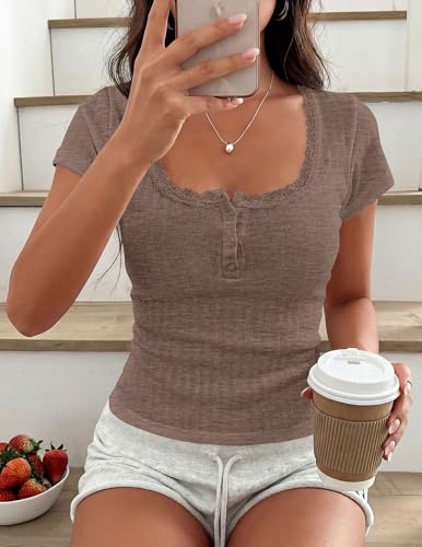 PRETTYGARDEN Womens Summer Lace Trim Short Sleeve Henley Top
