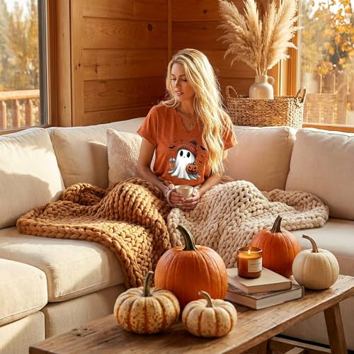 Earlymemb Women Fall Halloween Doodles V Neck Shirt Thanksgiving Casual Tee
