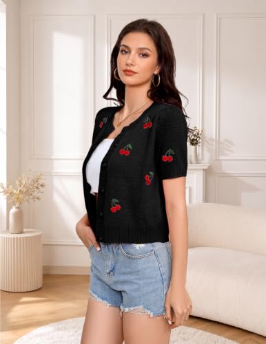 Cherry Short Sleeve Cardigan for Women Cropped Lightweight Cardigan Sweater