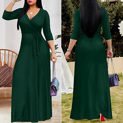 FANDEE Women's 2026 Maxi Dress - Solid Color Bohemian Summer Long Maxi Dress V-Neck 3/4 Sleeve