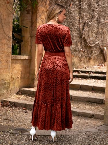 Simplee Womens Fall Velvet Dress Short Sleeve V Neck Floral Maxi Dress Long Formal Winter Wedding Guest Dresses