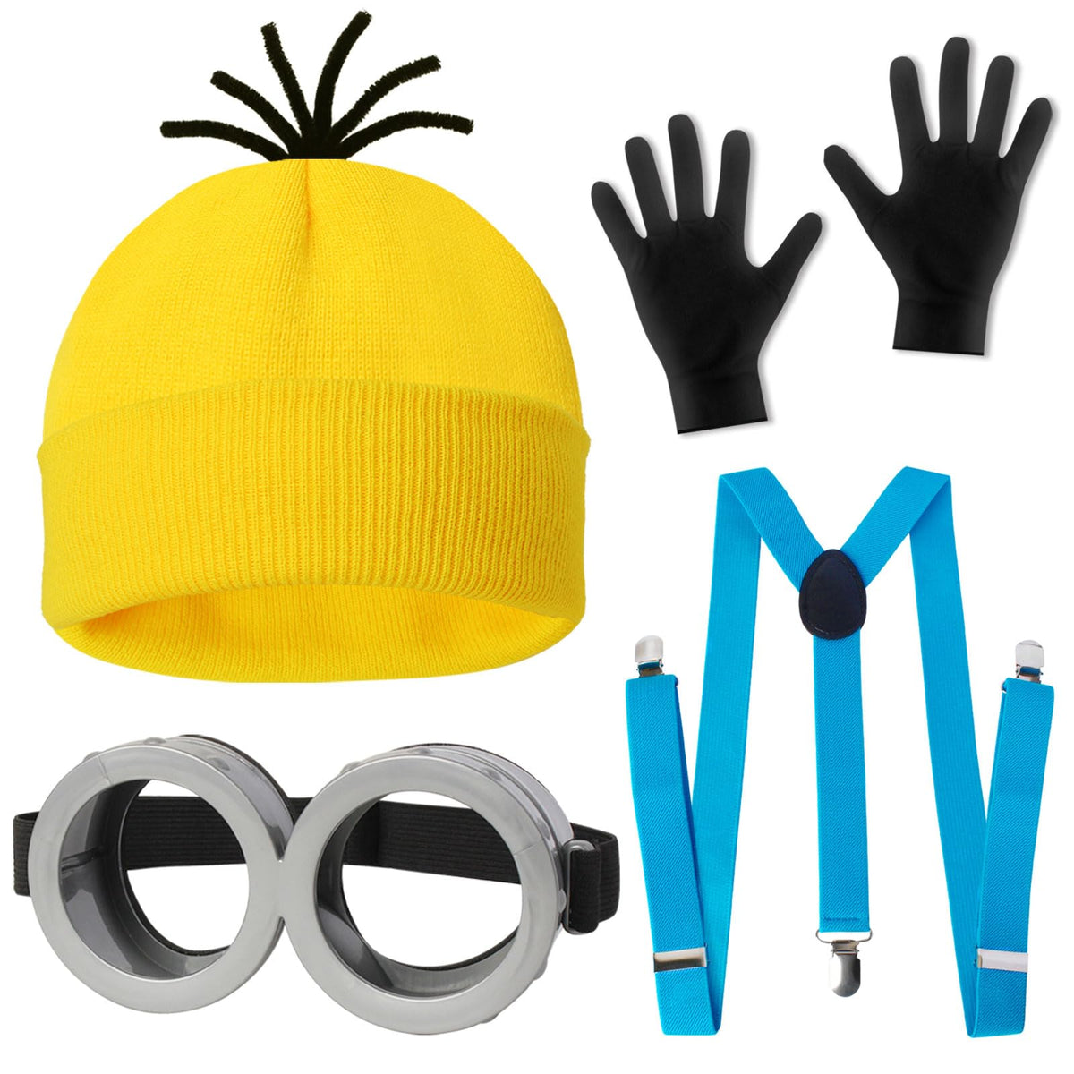 CONGRU 4 Pcs Halloween Costume for Adults,Yellow Hat/Goggle/Glove/Suspender