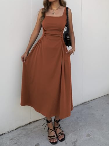 Mieazom Women's Square Neck Sleeveless Slim-Fit Maxi Dress Ruched Waist Corset Flowy Casual Summer Dresses with Pockets