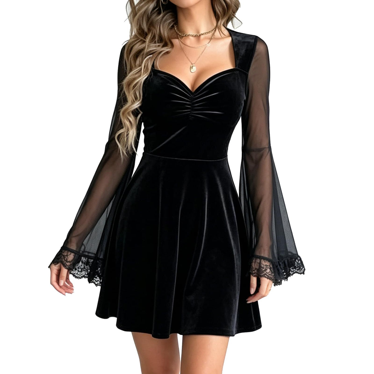 Black Velvet Dress for Women Halloween Lace Trim Cosplay Sheer Sleeve Swing Flare Dresses XS-XL