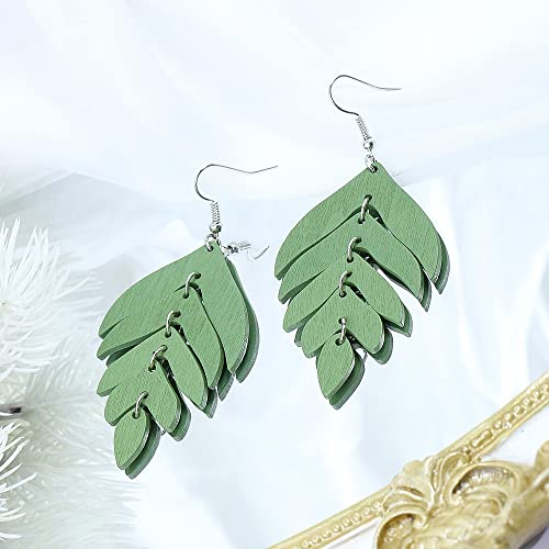 Wooden Palm Leaf Drop Dangle Earrings