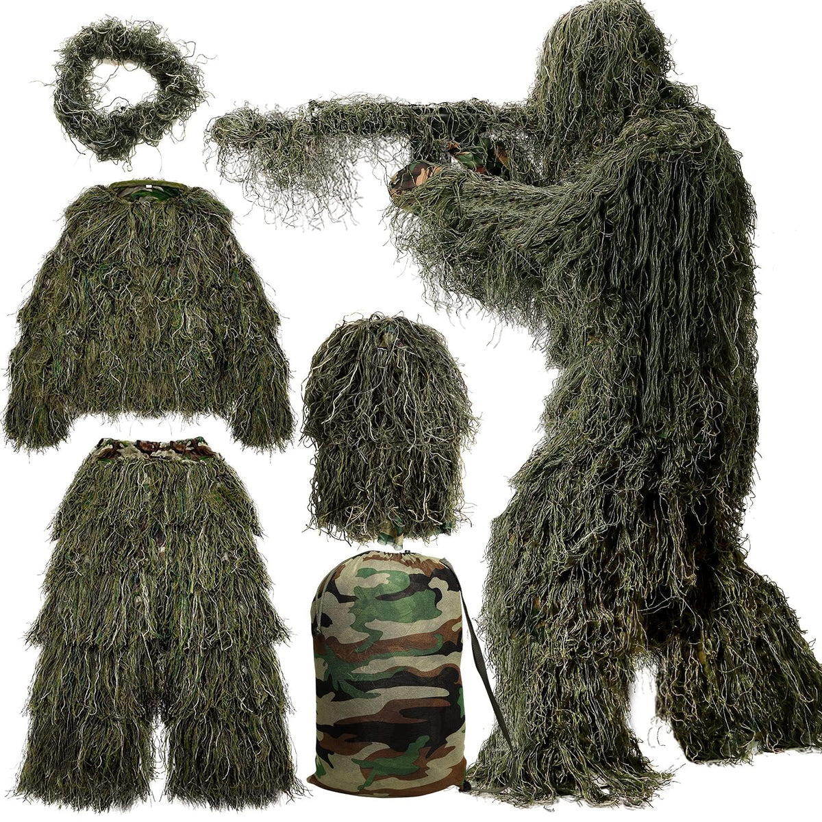 MOPHOTO 5 in 1 Ghillie Suit 3D Camouflage Hunting Suits - Jacket, Pants, Hood, Carry Bag for Adults & Youth, M/L/XL/XXL