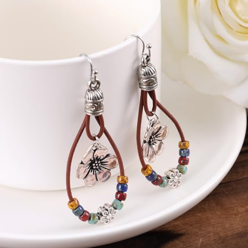 Western Leather Flower Dangle Earrings with Natural Stones