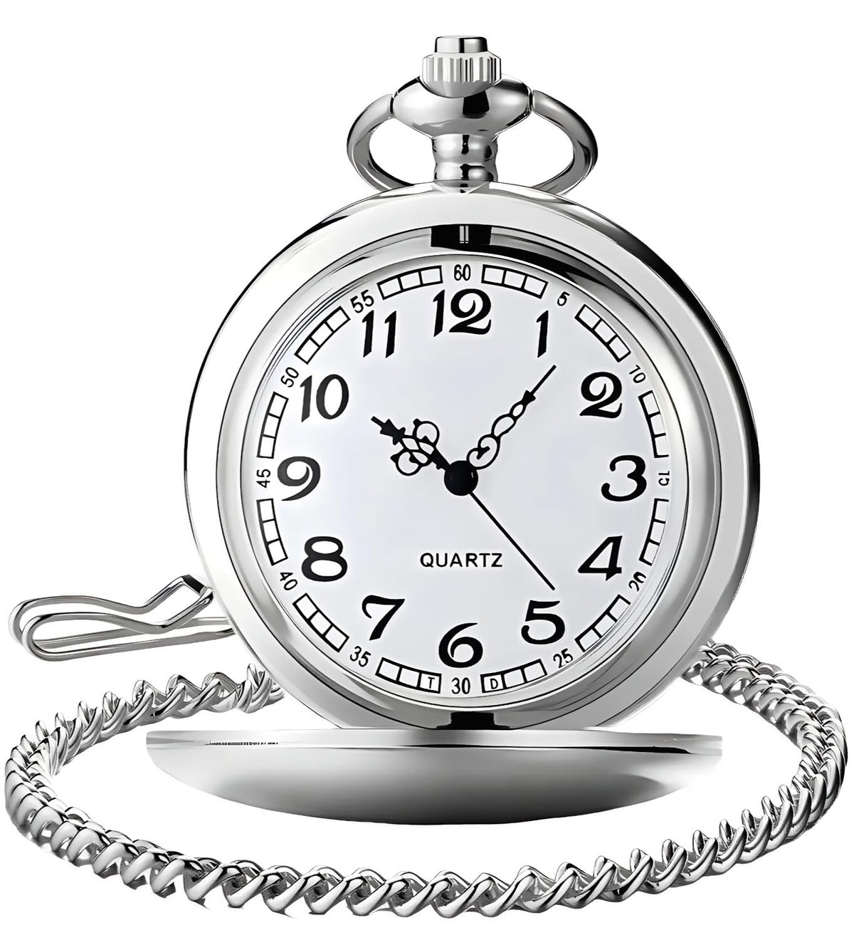 Smooth Vintage Pocket Watch with Chain, Arabic Numerals Scale