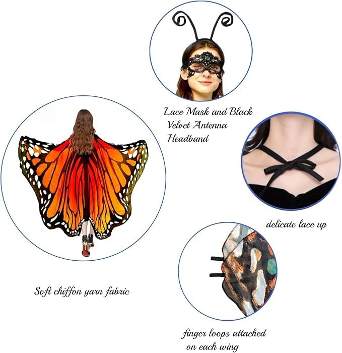 Sunlisky Adult Butterfly Costume Women Monarch Butterfly Wings Cape Shawl Halloween 3Pcs Mask Headband