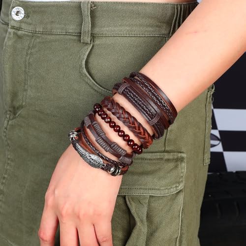 6-12PCS Braided Faux Leather Bracelet Punk Cuff Wrap Bracelets for Men Women Adjustable