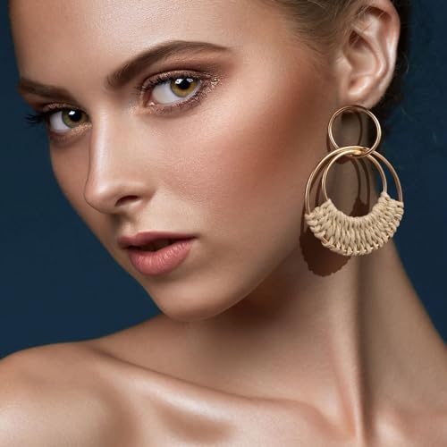 Raffia Rattan Boho Hoop Earrings (4 Pairs)