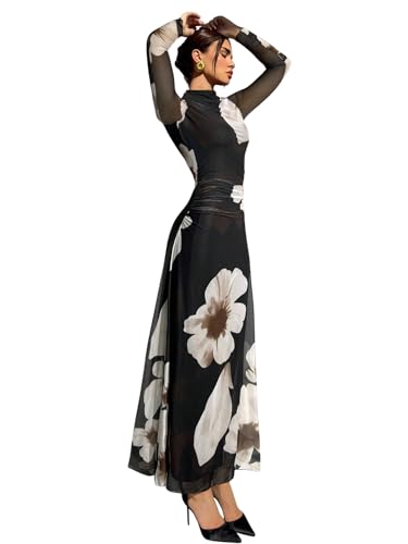 Verdusa Women's Floral Wedding Guest Dress Long Sleeve Mesh Maxi Dresses