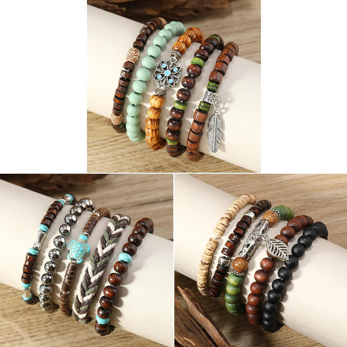 SONNYX 43Pcs Punk Wooden Beads Bracelets Gothic Bracelet for Men