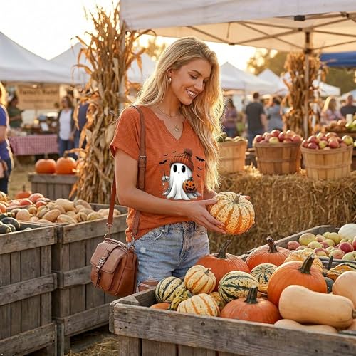 Earlymemb Women Fall Halloween Doodles V Neck Shirt Thanksgiving Casual Tee