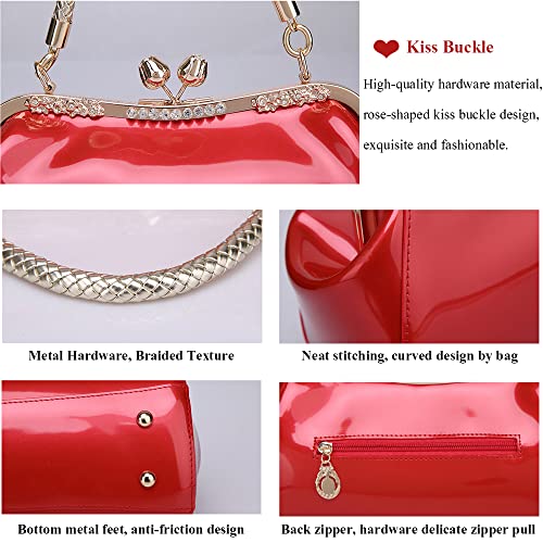 Glossy Patent Leather Evening Bag — Braided Handle Kiss Lock Handbag