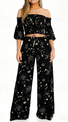 Womens Celestial Clothing Witchy Whimsigoth Outfits Cotton Co-ord Lounge Set Summer Vacation Travel Clothes