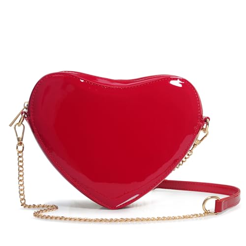 Heart-Shaped Glossy Vegan Leather Chain Crossbody Bag