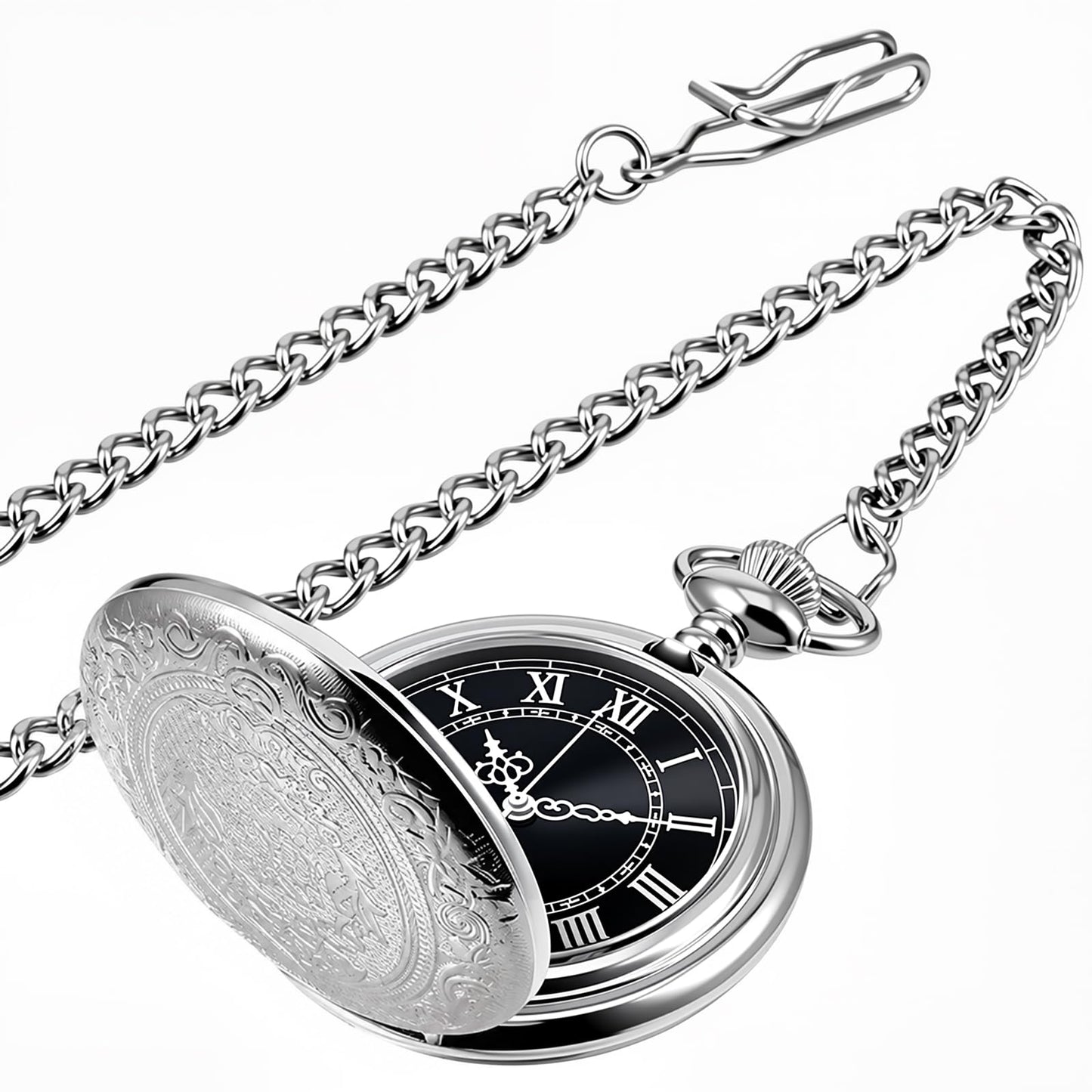 Men's Quartz Pocket Watch with Black Dial and Chain
