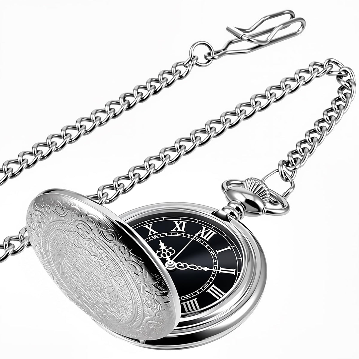 Men's Quartz Pocket Watch with Black Dial and Chain