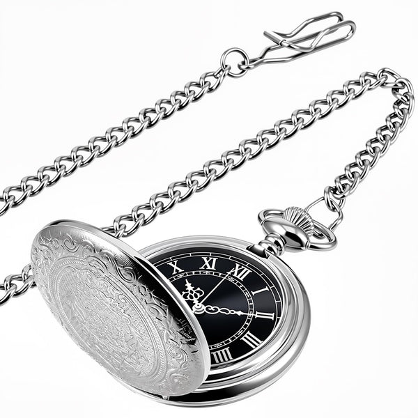 Men's Quartz Pocket Watch with Black Dial and Chain
