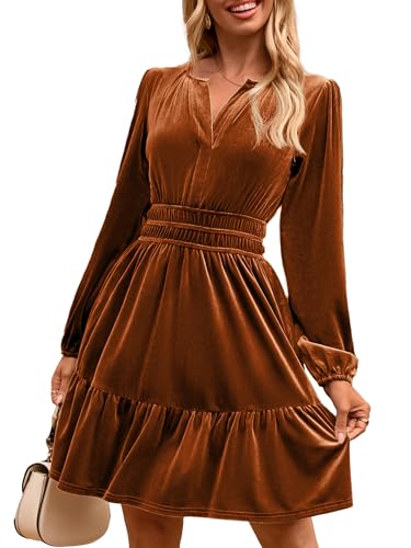 Simplee Womens Velvet Dress 2026 Fall Cocktail Long Sleeve Empire V Neck Wedding Guest Holiday Mini Dresses with Pockets