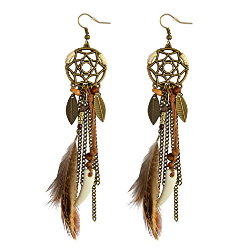 Punk Vintage Long Tassel Feather Beads Drop Wolf Tooth Pendant Earring Fish Hook Earrings Suitable to Wear At All Times