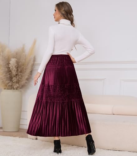 Women's Velvet Pleated Midi Skirt Elastic High Waist Fall Winter Tiered A-Line Party Long Skirts Secondary image