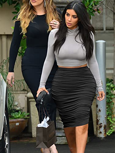 eoeoo Women High Waist Ruched Elegant Bodycon Stretch Midi Pencil Skirt