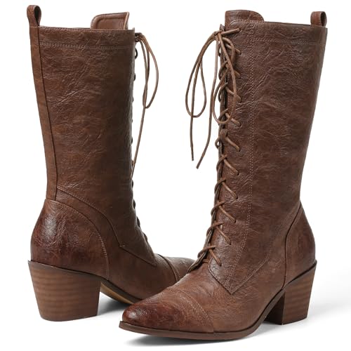 SaraIris Women's Black Mid Calf Boots Lace Up Chunky Heel Vintage Combat Heeled Dress Casual Boots