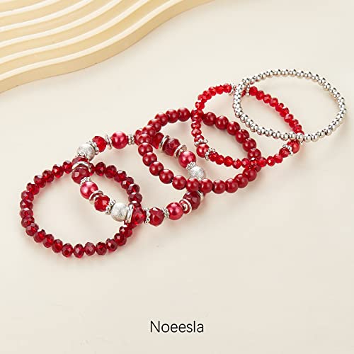 Noessla Beaded Pearl Stretch Bracelet Silver Stackable Crystal Beads Bracelets Trendy Costume Jewelry Mothers Day Gifts for Women