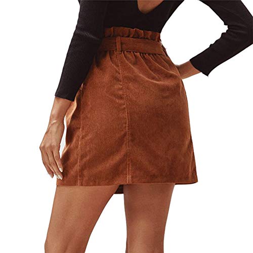 Susupeng Women Paperbag High Waist Elastic Belted Corduroy Button Front with Pockets Short Mini Skirt