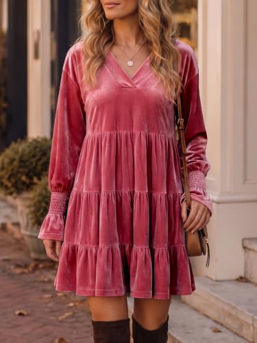 Fisoew Womens Velvet Tunic Dress Long Puff Sleeve Tiered Ruffle Dresses