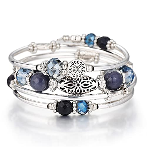 Stackable Beaded Bracelets for Women Boho Wrap Silver Bracelet Layered Fashion Jewelry Gifts for Her