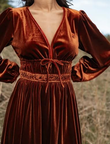 ZAFUL Women's V Neck Velvet Midi Dress Long Sleeve Formal Cocktail Dress