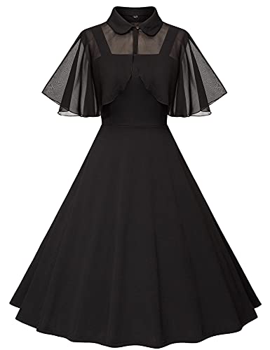 1950s Dresses for Women Vintage Goth Swing Cocktail Dress with Pockets and Chiffon Shawl