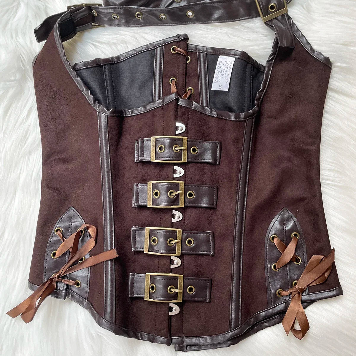 Brown Suede & PU Leather Steampunk Bustier Corset
