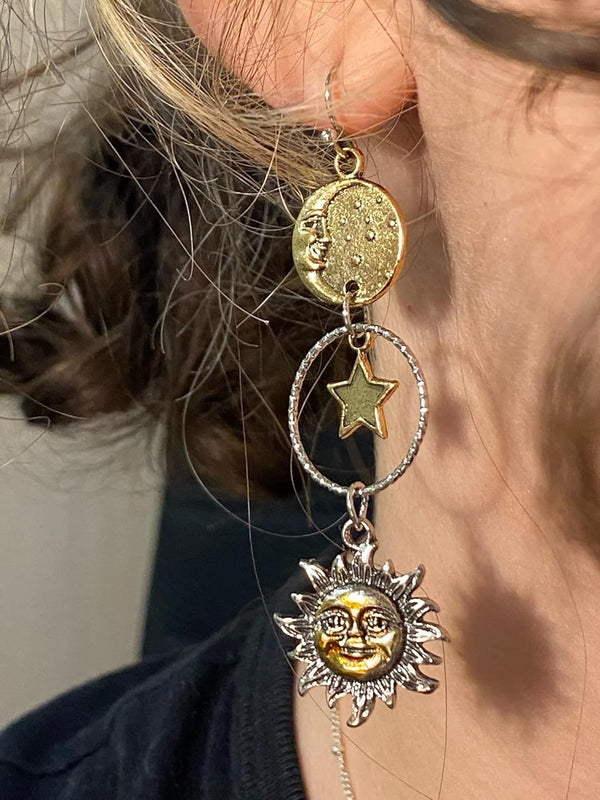 Vintage Sun Moon Star Asymmetric Drop Earrings